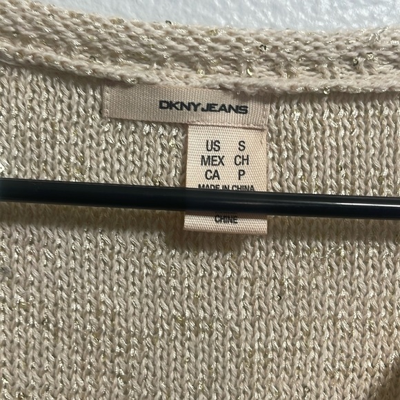 DKNY Jeans Beige/Gold Sequin V Neck Sweater Size Small - Picture 3 of 7